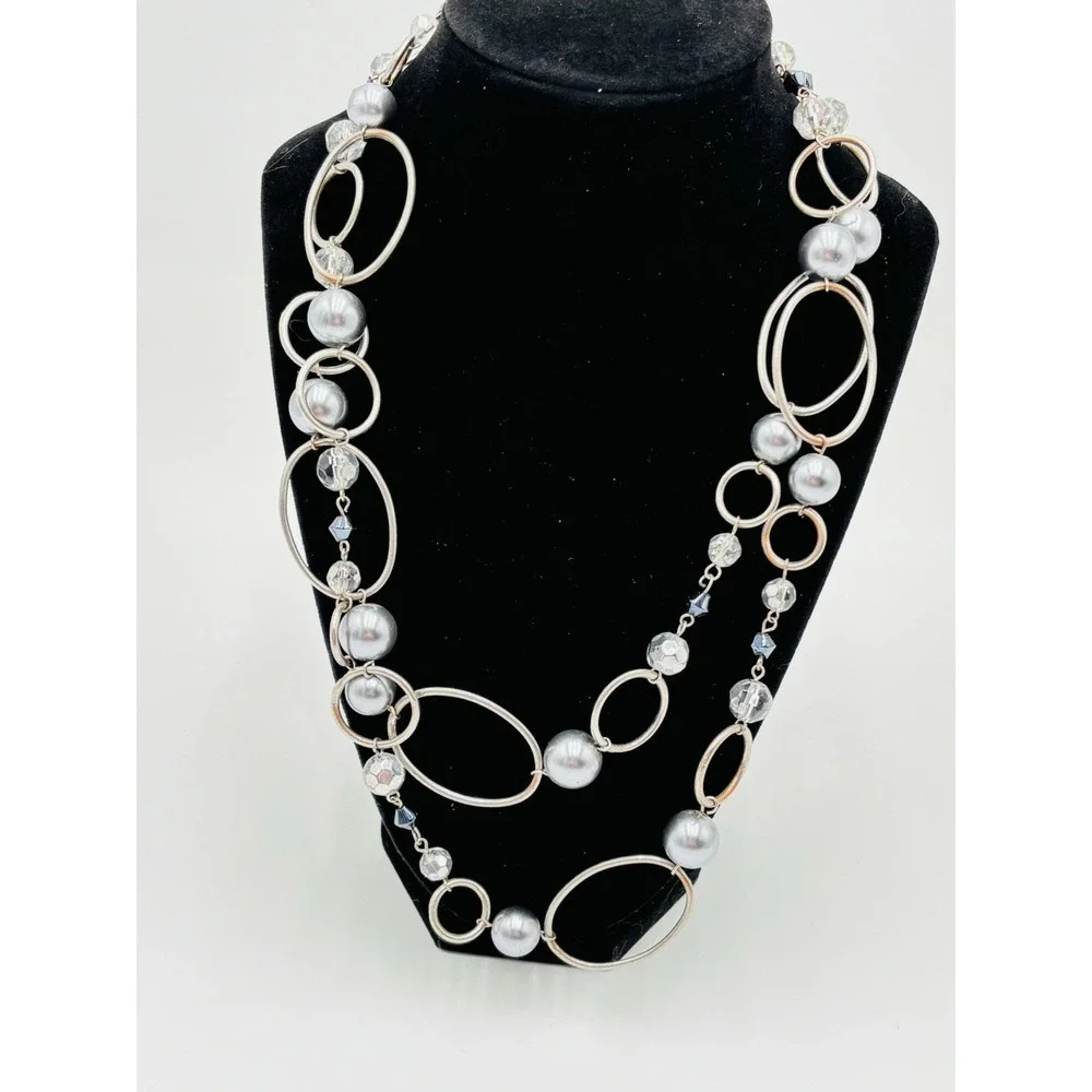 Lia Sophia Long Statement‎ Necklace Silver Tone Faux Pearl Beaded 30